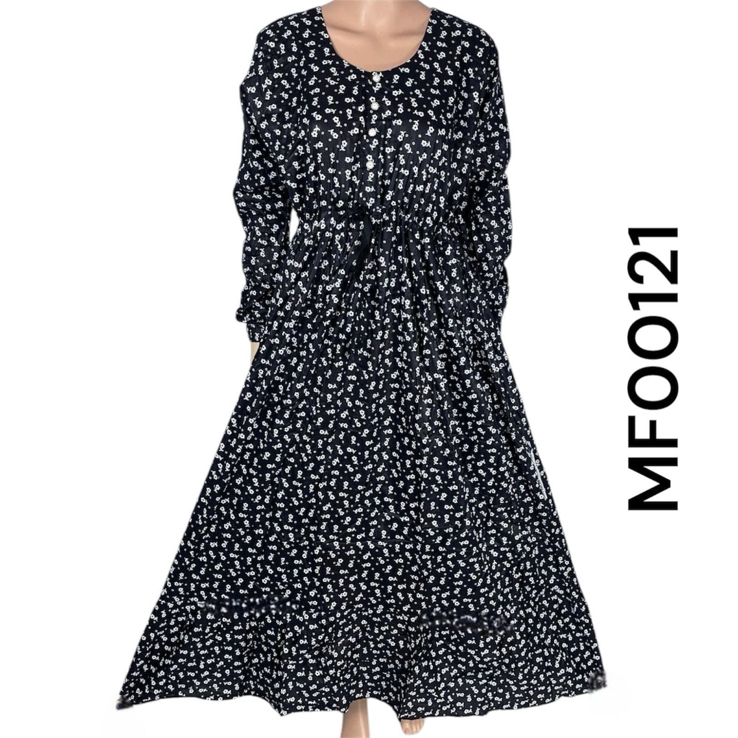 Cotton Print Maxi Dress for Casual Wear - Womenswear, Comfortable, Elegance, Drawstring Long Sleeve